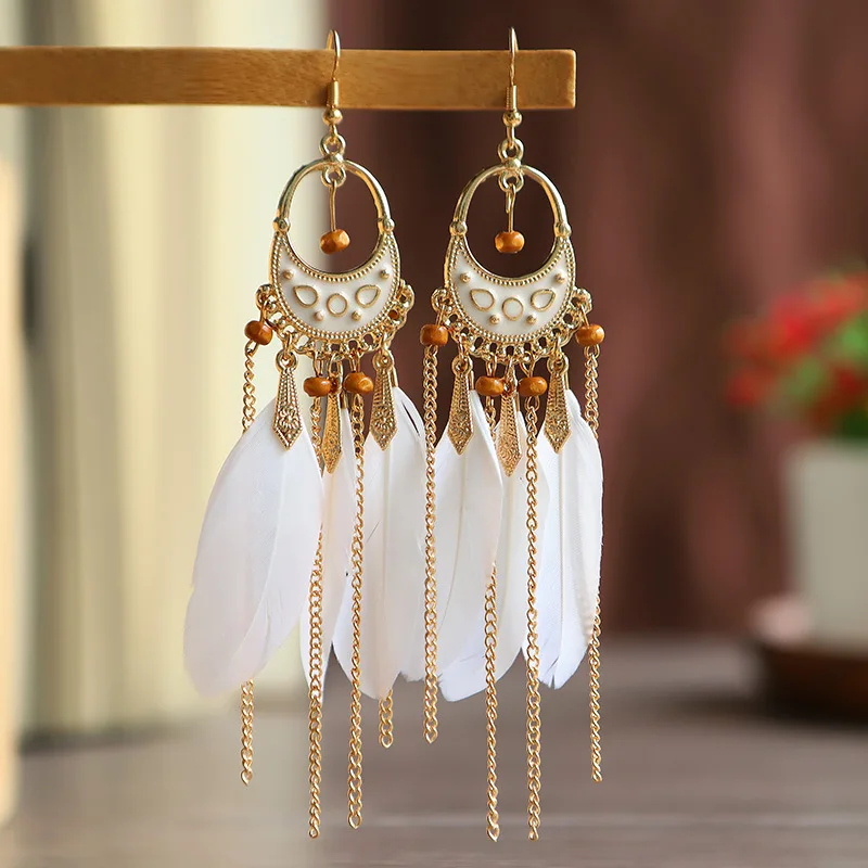 Bohemian Vintage Lange Weiße Feder Ohrringe für Frauen Ethnische Temperament Gold Farbe Kette Quaste Ohrringe Boho Hochzeit Schmuck – Detail 8