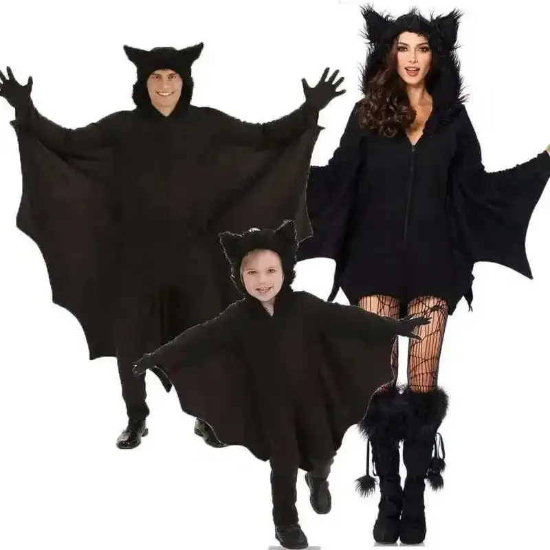 S-4XL hombres mujeres familia de vampiros niños Cosplay disfraces de murciélago vestido elegante Halloween monos para padres ropa de bruja guantes mb.3