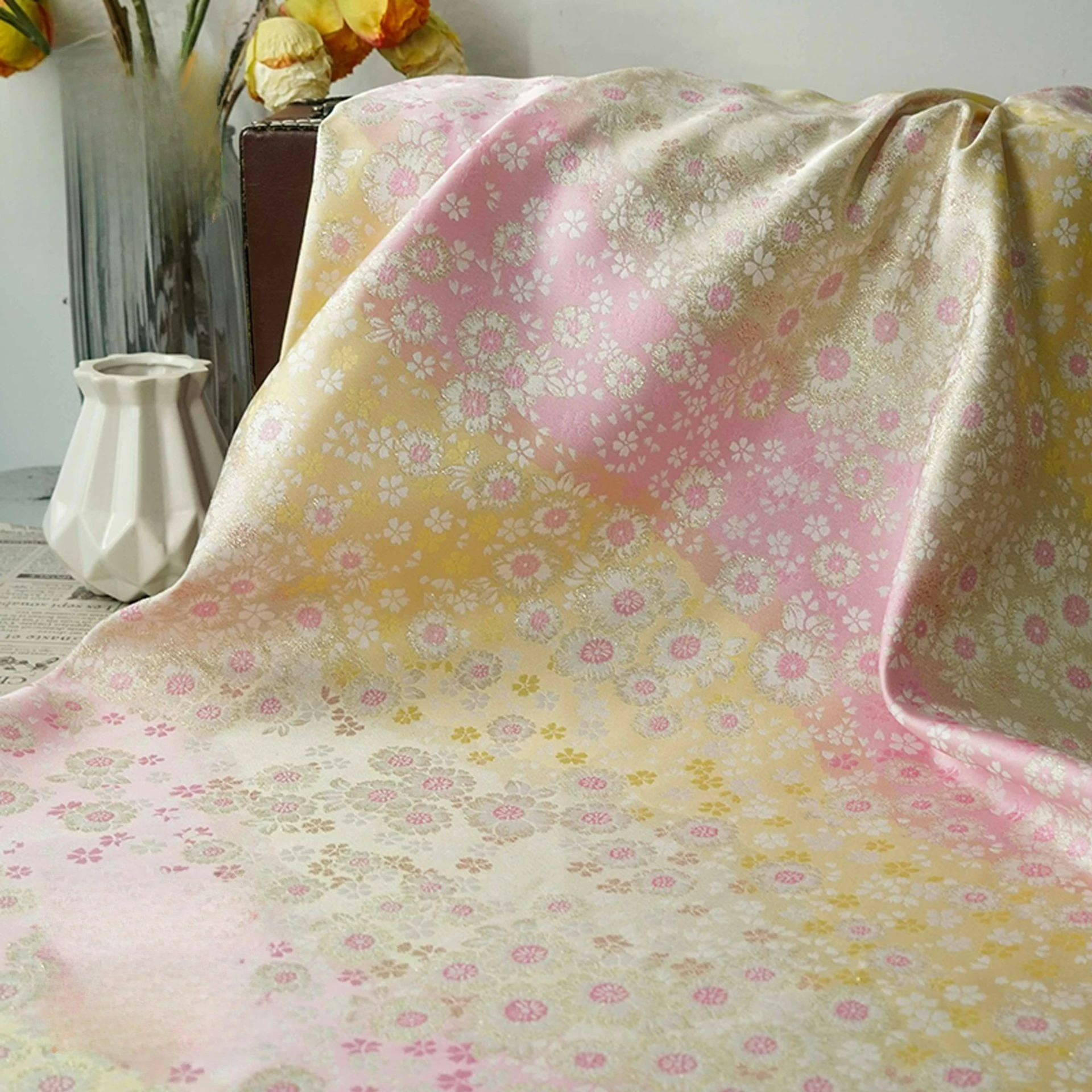 

Gold Silk Floral Jacquard Decorative Fabric for Elegant Dress Vest Jacket Luggage Handmade Sewing Material