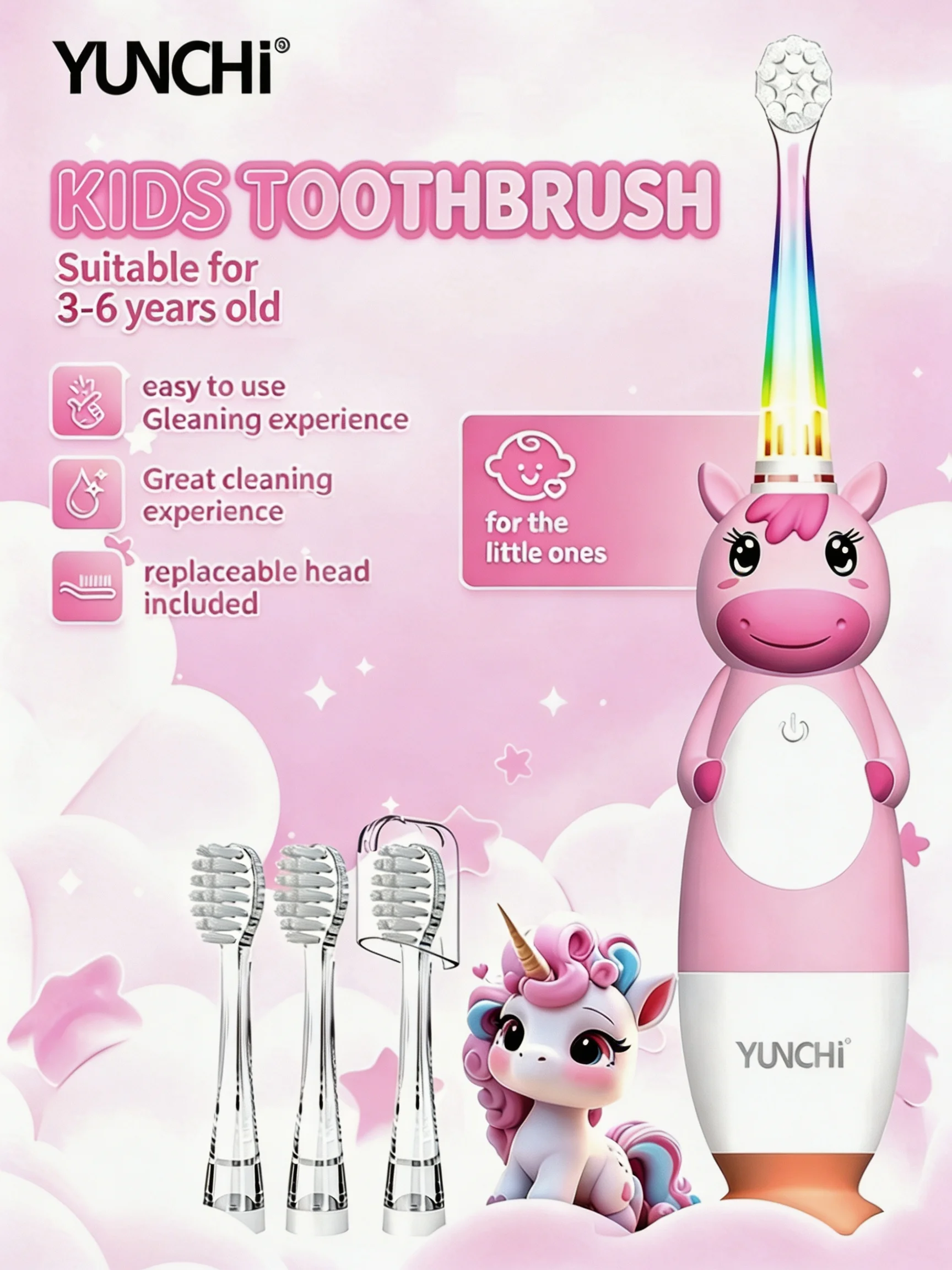 Kids Electric Toothbrush Equipped with 4 Replacement Brush Heads, AAA Battery Powered(Not included in the package)