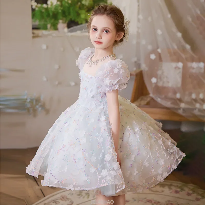 

Модное свадебное белое платье с цветочным узором для девочек, бальное платье принцессы, детская одежда, платье-пачка для дня рождения, детский наряд для записи фортепиано