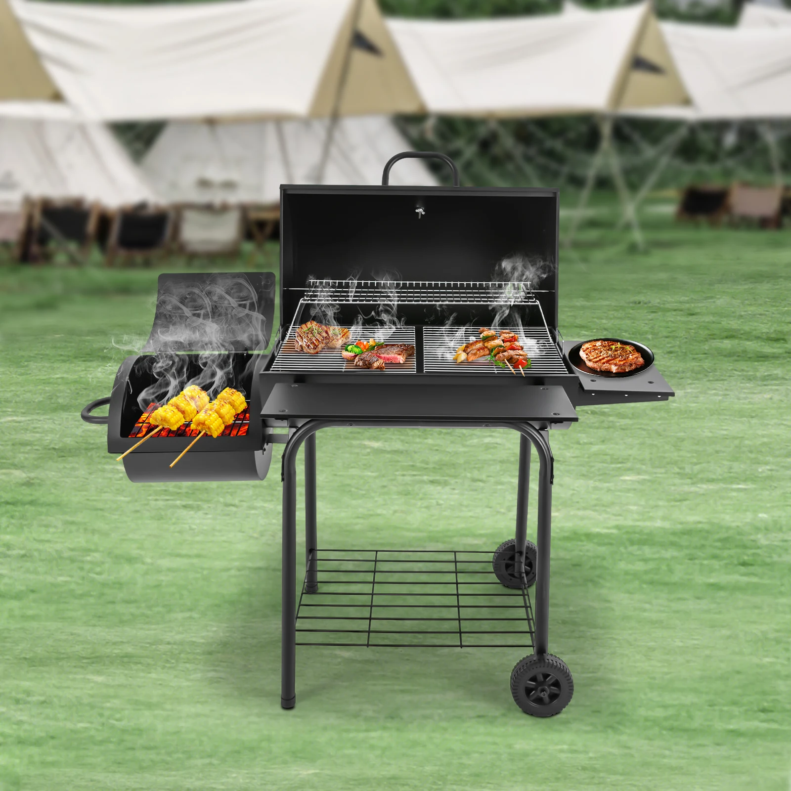 Großer schwarzer Holzkohlegrill mit Seitentischen, 4-6 Personen Outdoor-Grill mit Thermometer & Rädern, robuster tragbarer Holzkohlegrill für Garten, Camping und Picknick (Schwarz) – Detail 1