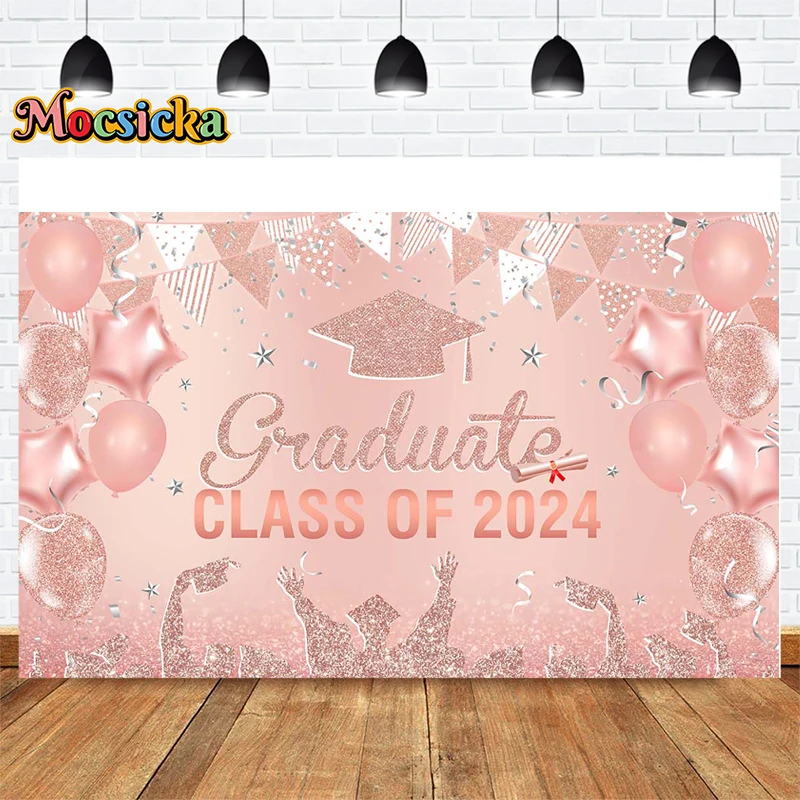 

Mocsicka Girls Graduation Party Photography Background Class Of 2024 New Year's Party Pink Backdrop Student Kids Photo Banner