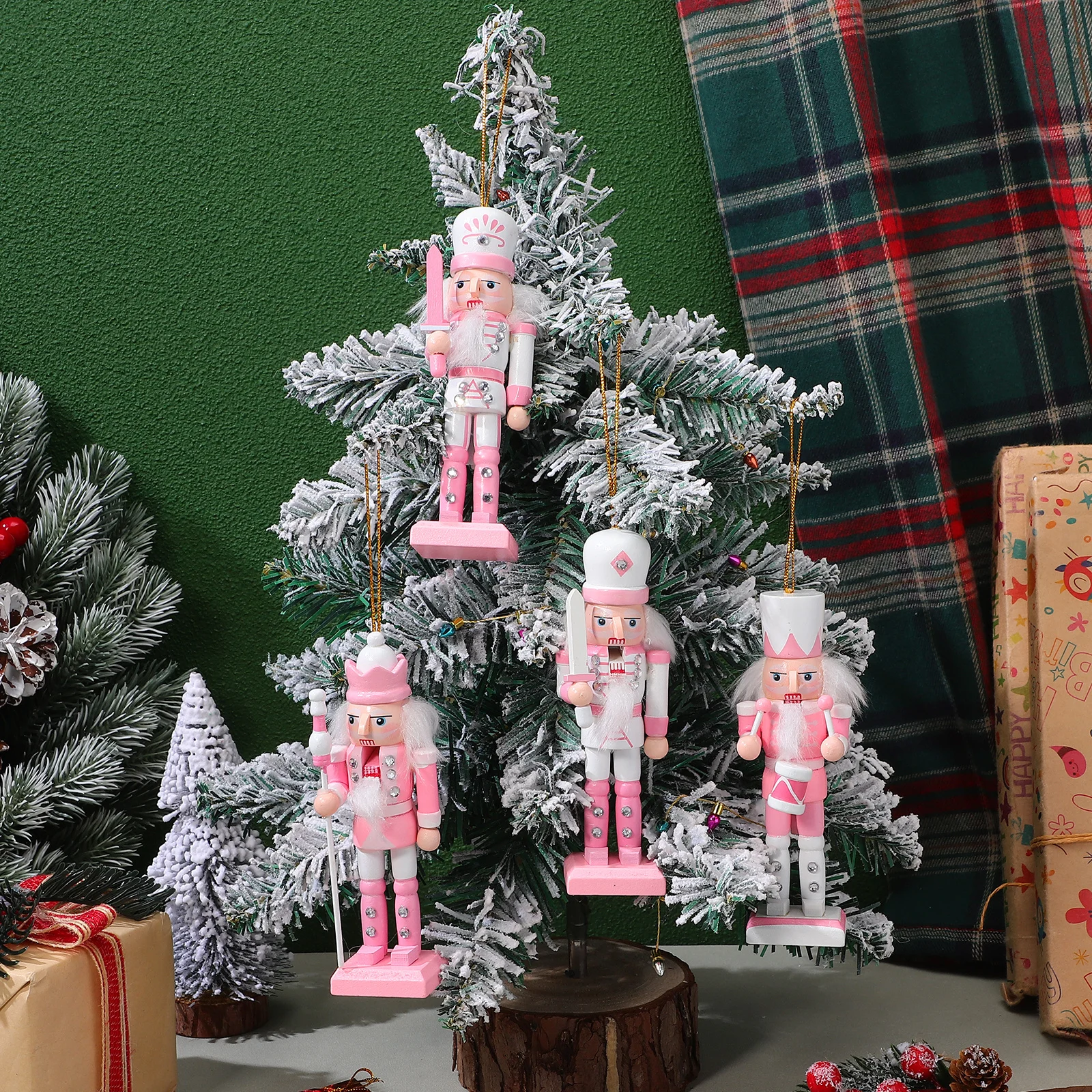 

4pcs Wooden Nutcracker Decoration Xmas Pendant For Home Office Desktop Christmas Decor Holiday Figures Craft Ornament