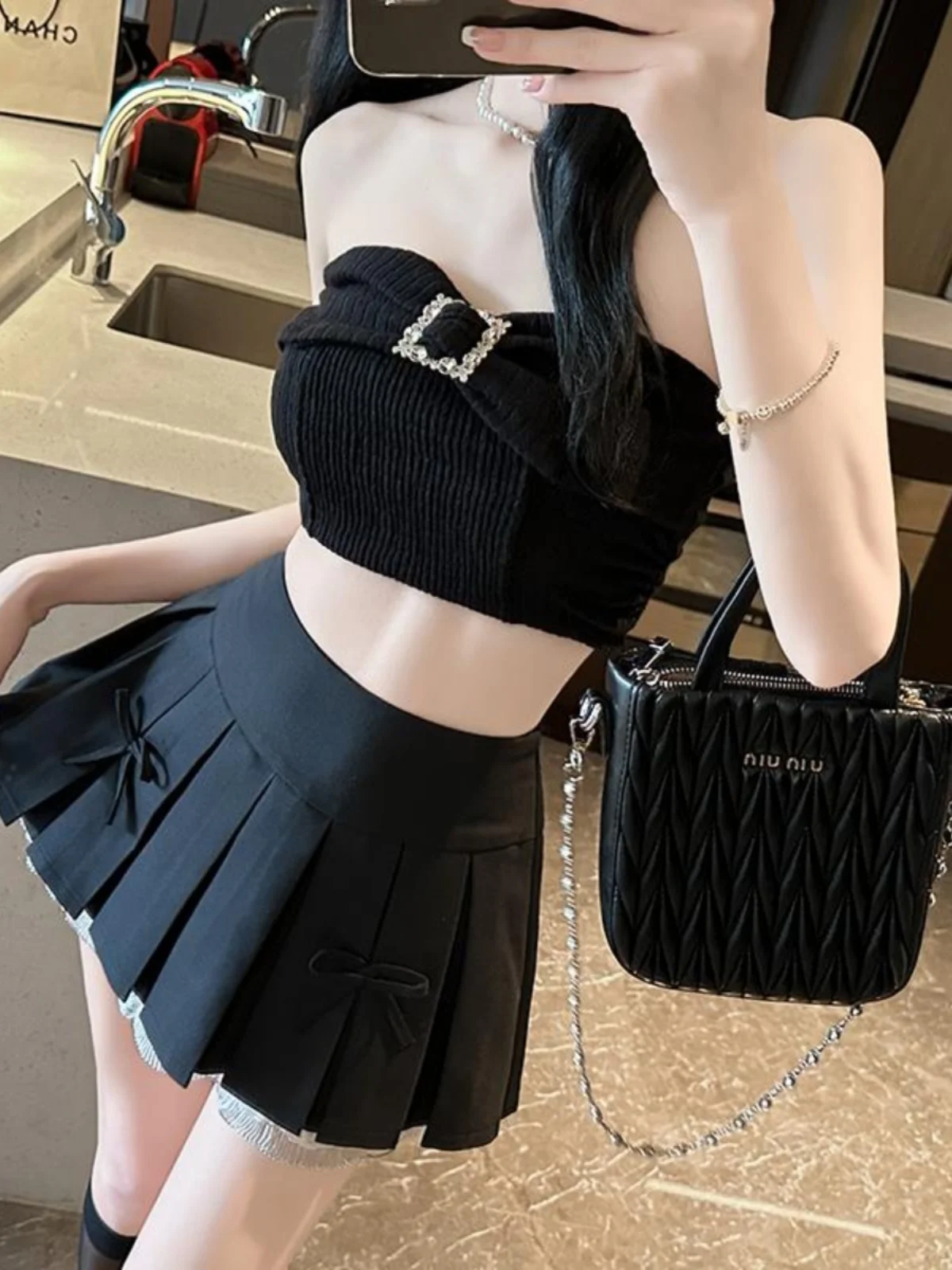Falda plisada de cintura alta con nudo dulce para mujer 2024 nueva falda sexy de encaje con empalme Sle falda ort de corte A para ir al trabajo coreano...