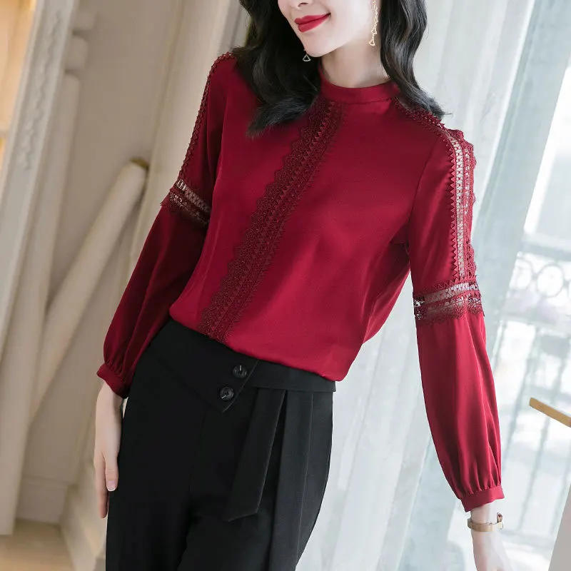 Office Lady Stylish Lace Spliced Hollow Out Shirt Vintage Solid Color 2023 Spring Autumn Long Sleeve Commute Stand Collar Blouse