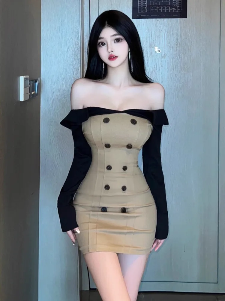 Ezgaga Women Dresses Elegant Slash Neck Sexy Slim Stretch Off Shoulder Button Patchwork Autumn New Mini Dress Ladies Clubwear