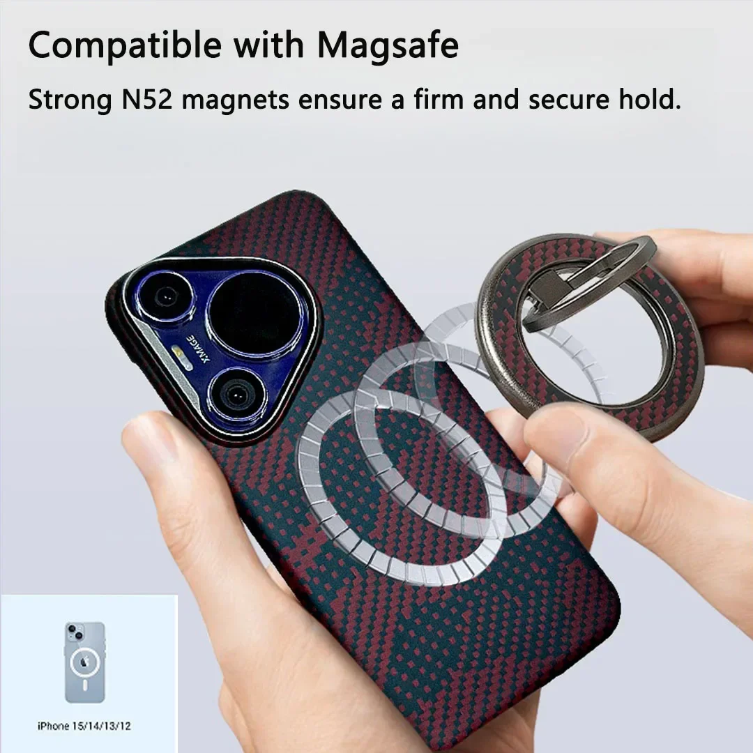 Genuine Aramid Carbon Fiber Metal 360 Rotating Ring Holder N52 Magnet Magnetic Phone Grip Bracket for iPhone MagSafe Case