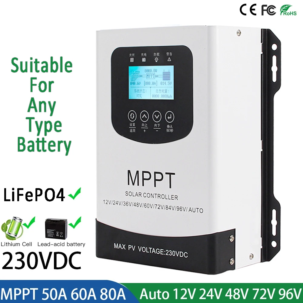 LCD Smart MPPT Solar Charge Controller 30A 40A 50A 60A 80A 100A 120A Regulator For Solar Panel Lithium Lead-acid LiFePO4 Battery