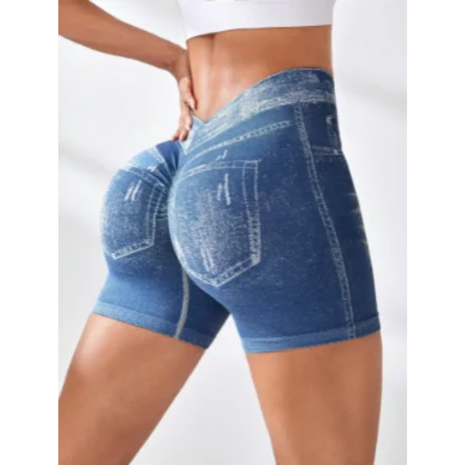

Women Workout Sports Yoga Shorts Faux Jeans Elastic Pants Butt Lifting Leggins Fitness Short Tights V Back Seamless Shorts