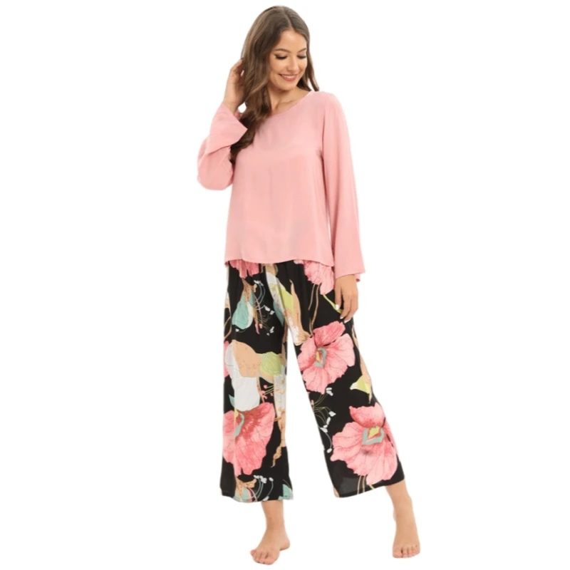 Spring Summer Women's Thin Artificial Cotton Pajamas Round Neck Long Sleeve Pullover Pants Loose Casual Home Clothing Set