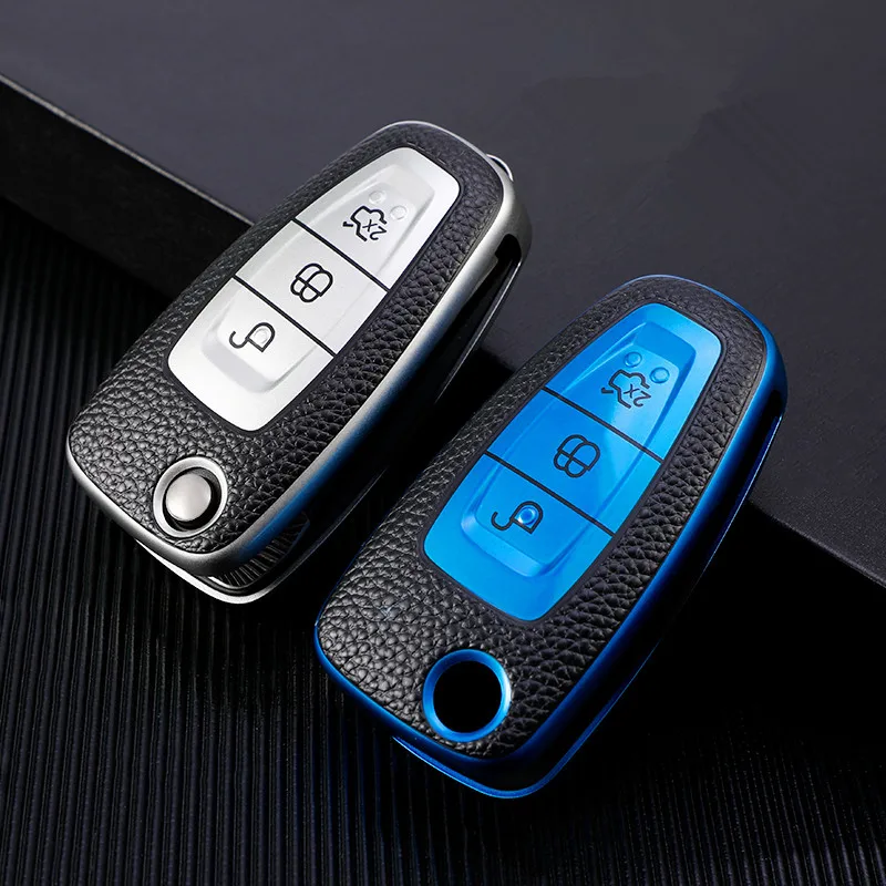 Leather TPU Car Key Case Cover for Ford Ranger C-Max S-Max Focus Galaxy Mondeo Transit Tourneo Custom Auto Key Holder Keychain