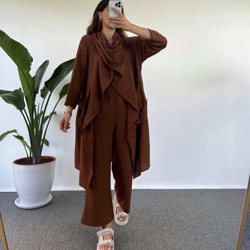 

INS Solid Color Fashionable Loose Fitting Casual Large Pocket Shawl Collar Cardigan Shirt+cropped Pants Two-piece Set For Women