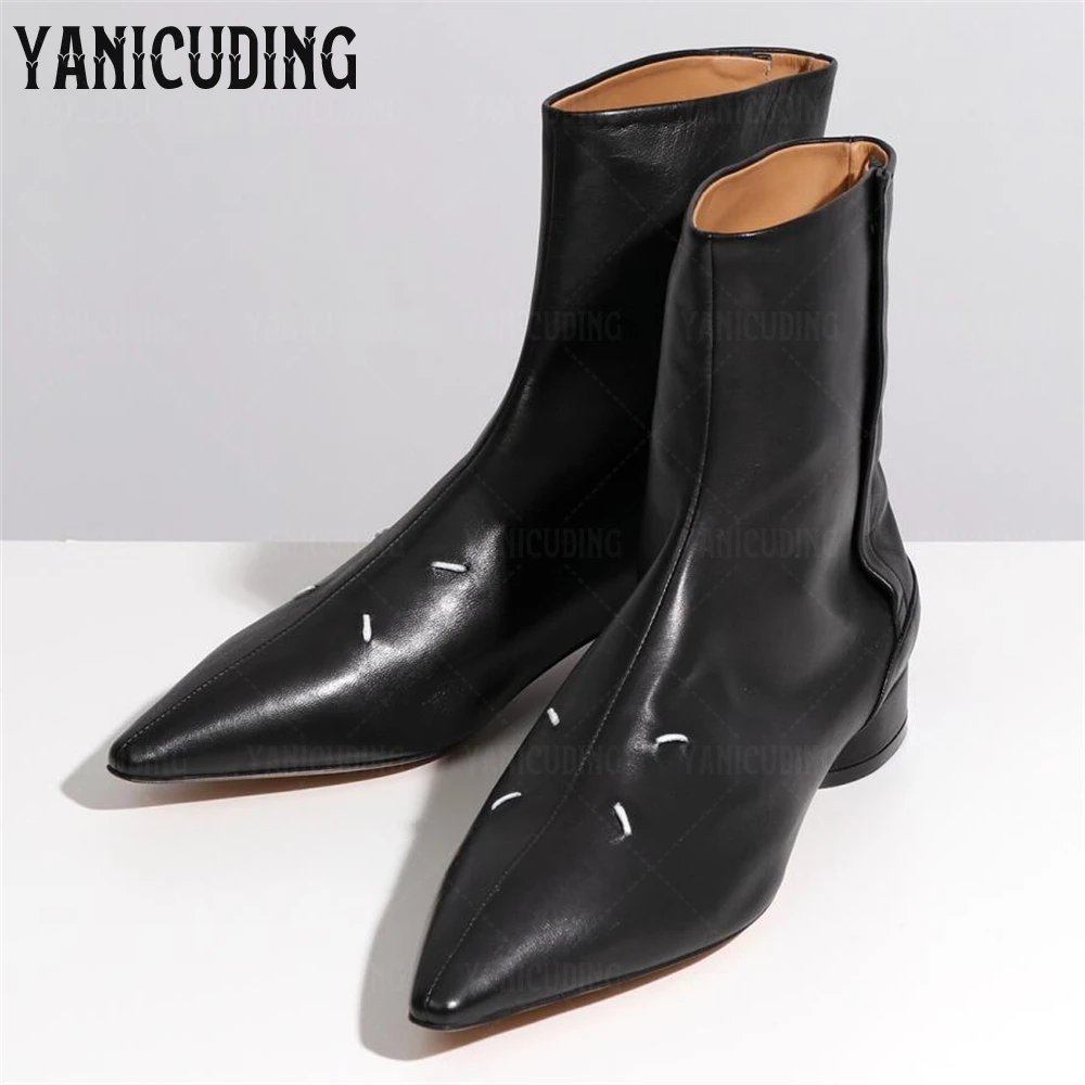 

Stitching Ankle Boots 3cm Cylindrical Heel Pointed Toe Booties Elegant Designer Style Handmade Boots Buckle Handmade Ankle Boots