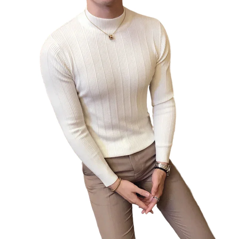 Pull Rayé à Col Mi-Haut pour Homme, Vêtement Moulant, Coupe Cintrée, Style Coréen, Décontracté, Couleur Unie, 2024