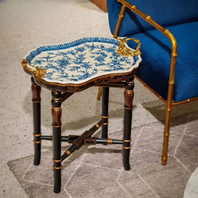 

Light luxury high-end ceramic inlaid copper hand-painted blue and white few household living room corner few tables tray C5989