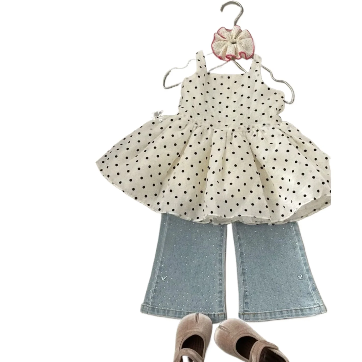 New Arrival Toddler Girl Lovely Dot Sundress, Fitted Strap Mini Skirt Sparkling Jean Suit for 90-140cm
