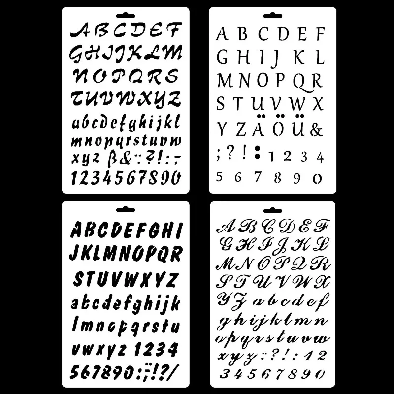4Pcs PET Creative Art Font English Letter Number Stencils Scrapbooking Journal DIY Hollow Molds Cake Spray Painting Templates
