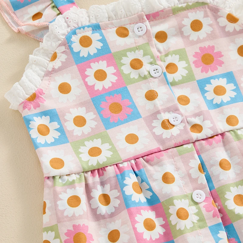 Baby Baby Stram pler Kleid Gänseblümchen Plaid Print ärmellose Spitze Trim Knopf Overall mit Stirnband Outfits