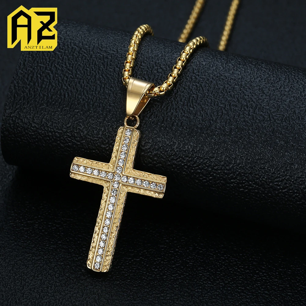 

Anztilam Shine Cross Pendants No Fade 316L Stainless Steel Iced Out Pendant with Long Link Chain Necklaces for Women Men Hip Hop
