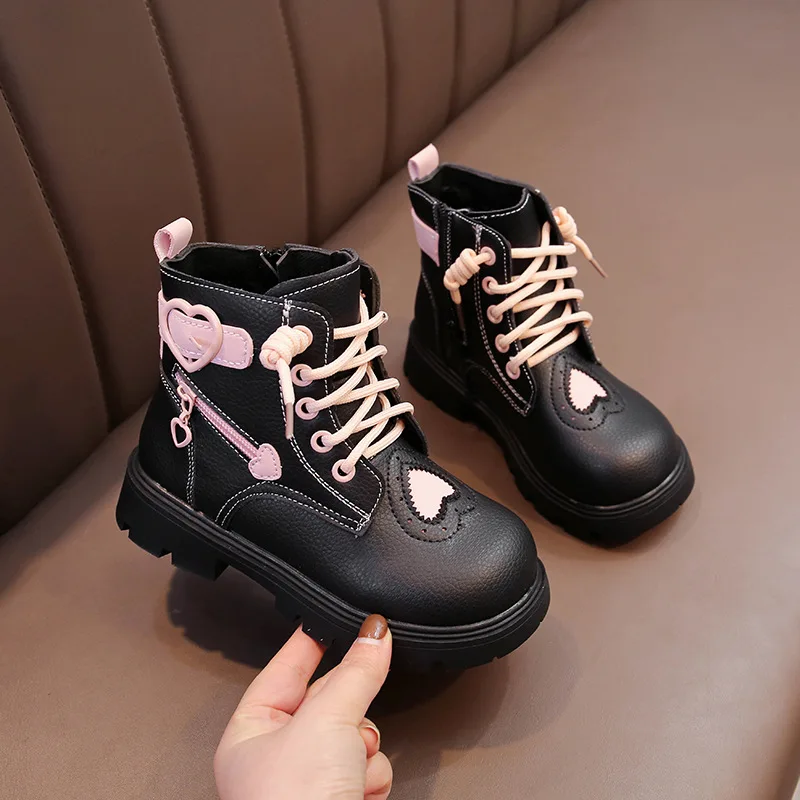 girls-cute-heart-boots-autumn-winter-side-zipper-lace-up-children's-leather-boots-outdoor-non-slip-kids-ankle-boots