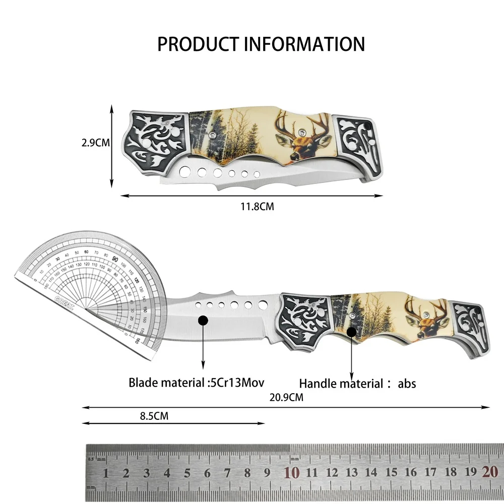 Folding Pocket Knife High Quality 5Cr13Mov Blade ABS Deer Pattern Handle EDC Outdoor Survival Camping Tactical Hunting Knife