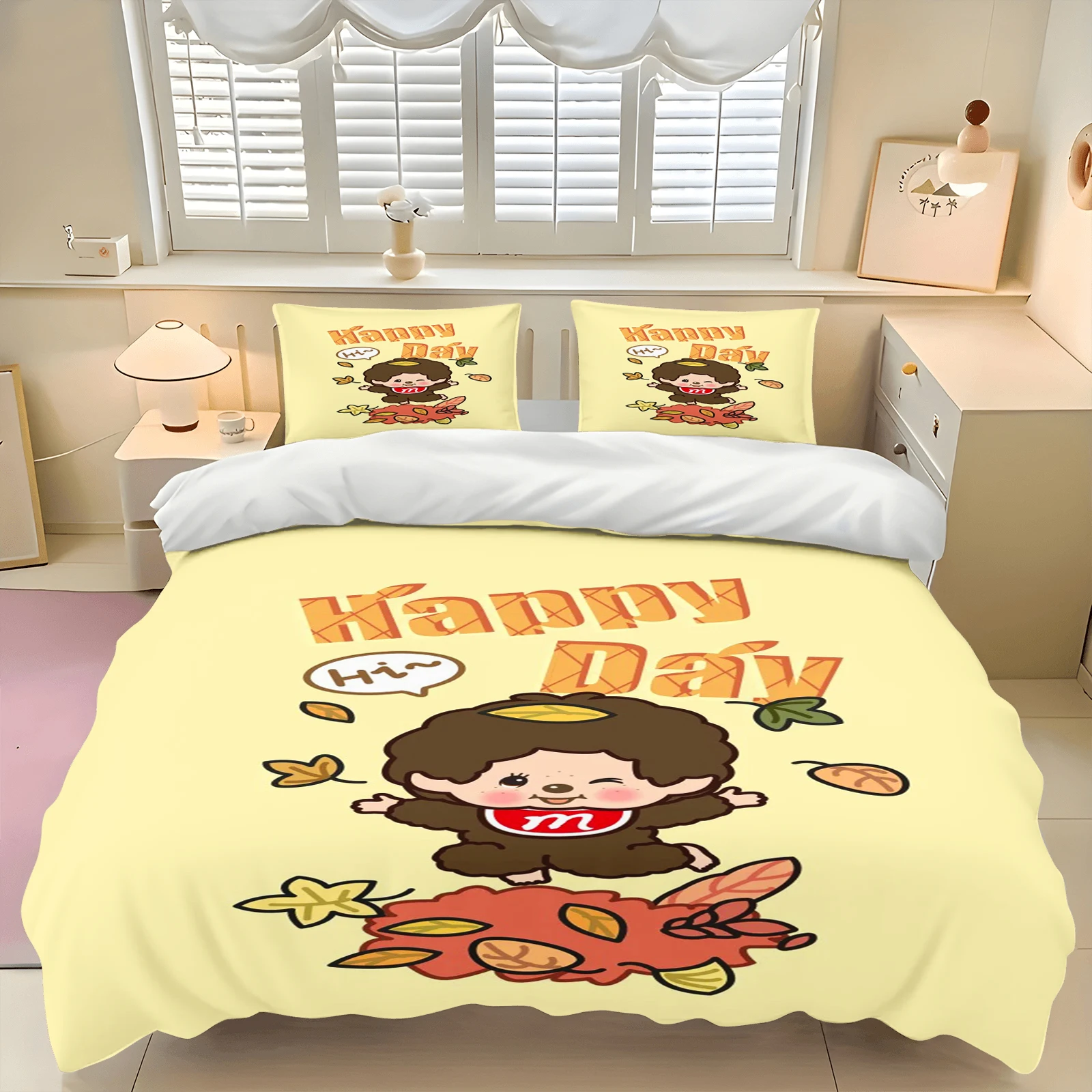 Immagine 3: Set Copripiumino Monchhichi Carino, Set Biancheria da Letto 3D per Bambini, Set 3 Pezzi con 1 Copripiumino Misura King