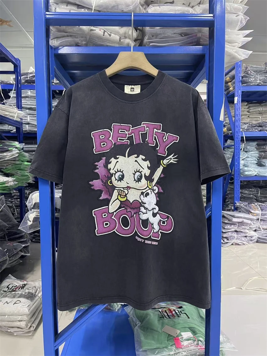 Vintage American Cartoon Crack Printed Washed Street Oversized T-shirt Round Neck Pure Cotton Sports Fashion Short Sleeved