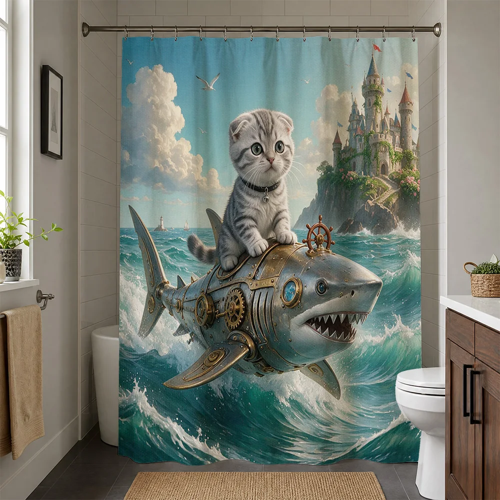 Cute Kitten on Steampunk Shark Ride Fantasy Bathroom Shower Curtain Waterproof Home Decor