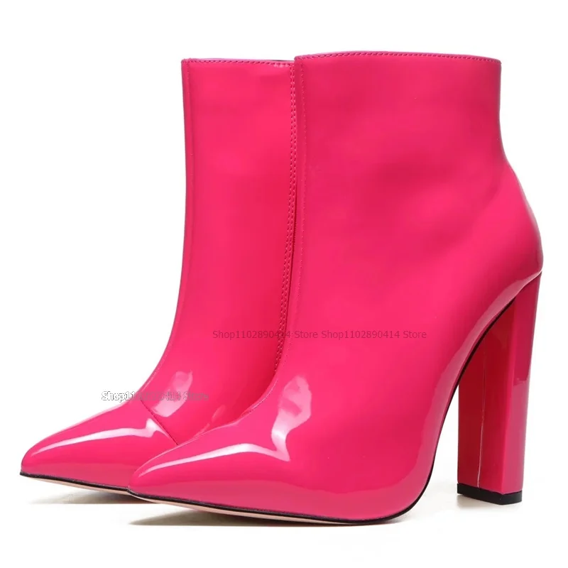 Botas puntiagudas de charol Para mujer, Zapatos de media pantorrilla con cremallera lateral, tacones altos gruesos, a la moda, color rojo y rosa, 2023