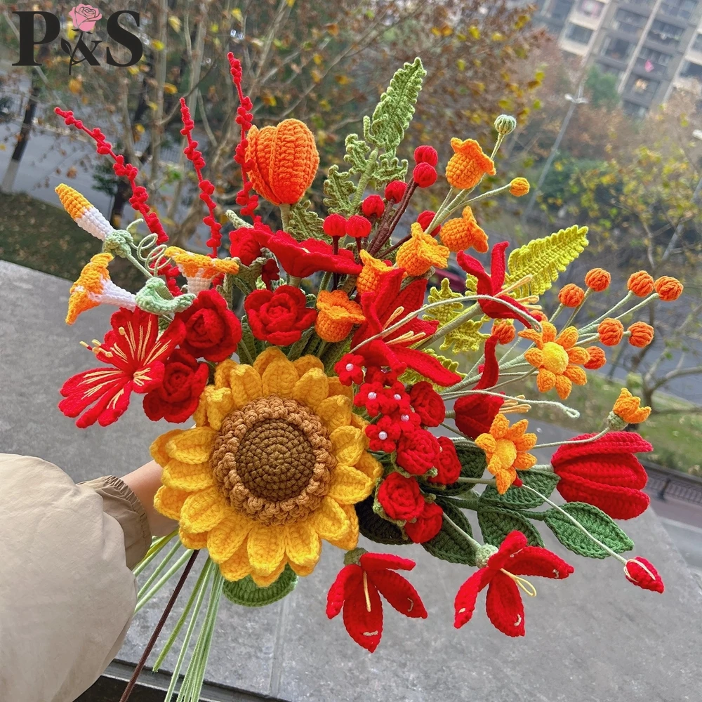 

Crochet Flower Bouquet Handmade Luxury Orange and Red Autumn Sunflower Tulip Lily Knitted Artifical Flowers Home Decoration Gift