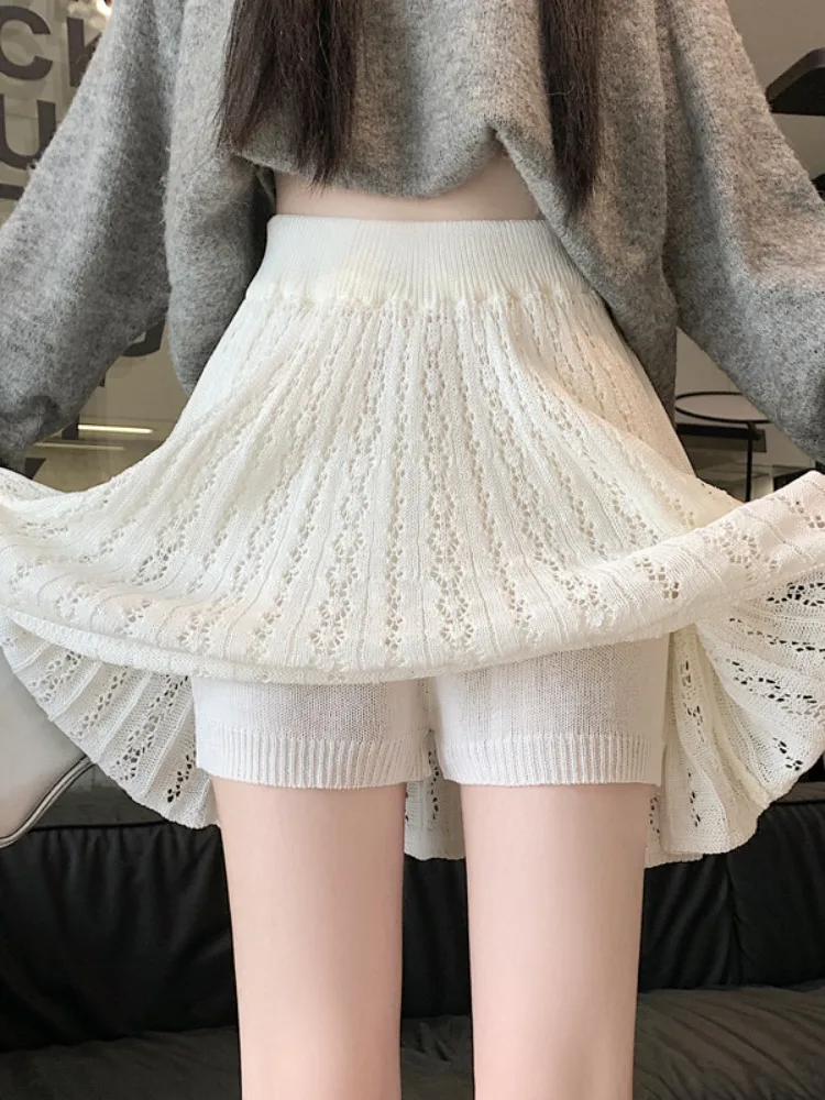 

Белая ажурная вязаная короткая юбка с высокой талией, стройнящая, повседневная, универсальная, с защитой от просвечивания, А-силуэт, плиссированная, для женщин