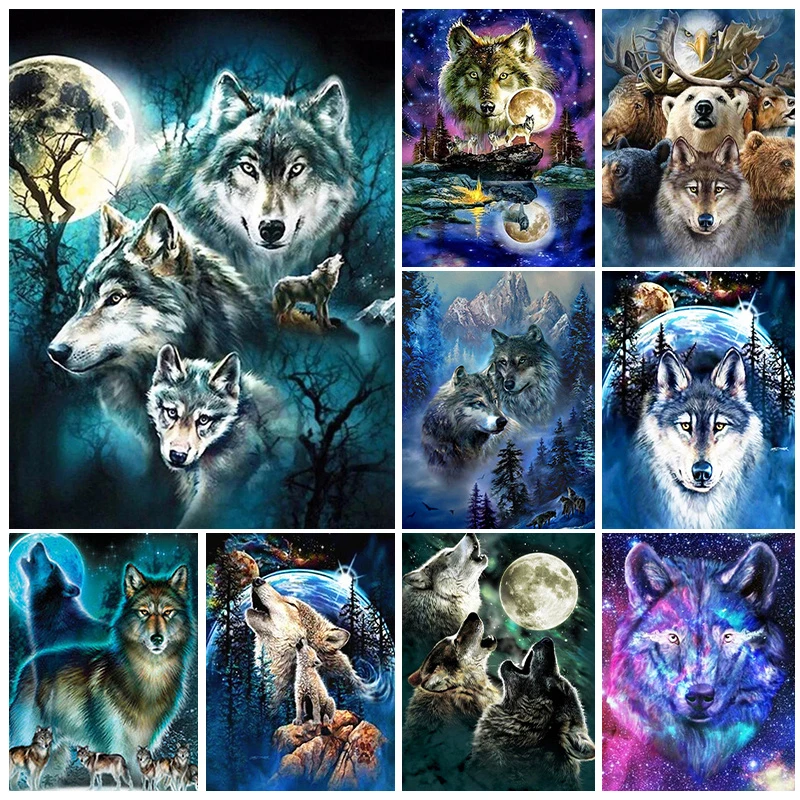 

Moon Wolf 5D Diamond Painting Kits Full Square/Round Diamond Mosaic Animals Rhinestone Embroidery Home Decor DIY