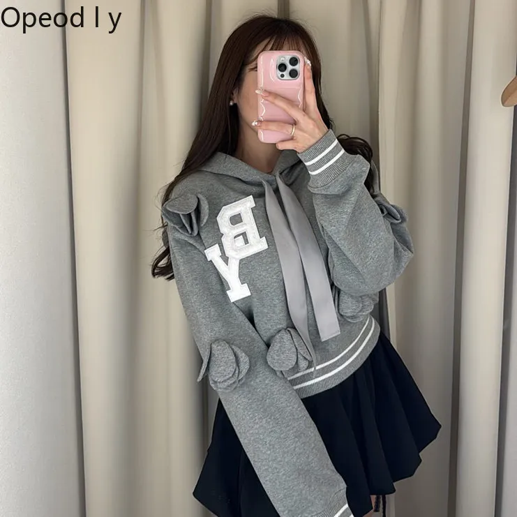 

Japanese Sweet 3d Petal Decoration Hooded Cotton Terry Long-sleeved Sweatshirt Spring New Fashion Letter Casual Short Hoodies