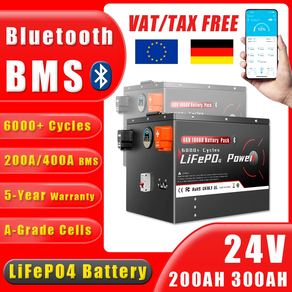 

24V 100Ah 200Ah 300Ah LiFePO4 Battery Pack Bluetooth BMS Grade A 6000+ Deep Cycle For Solar Home Storage RV Boat Inverters PV