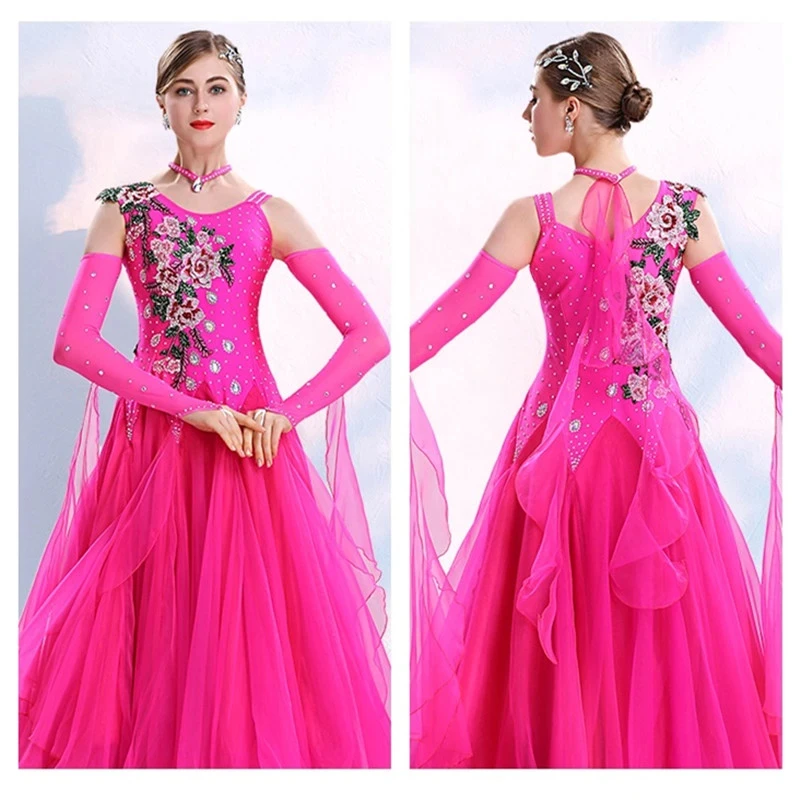 Embroidery ballroom dance dresses fringe dance costumes ballroom rumba dresses for dancing clothes long swing waltz dress rosy