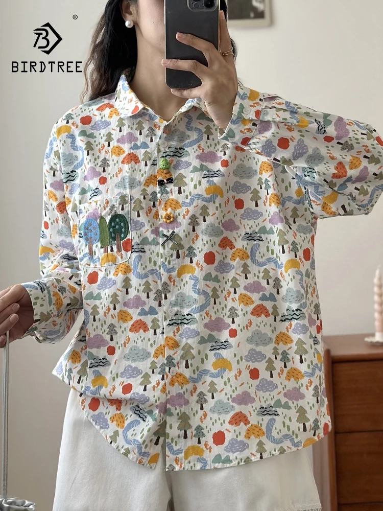 

New 2025 Autumn Cotton Long Sleeve Shirt, Women Turn-down Collar Embroidery Print, Mori Girl Sweet Casual Loose Blouse T58485CC