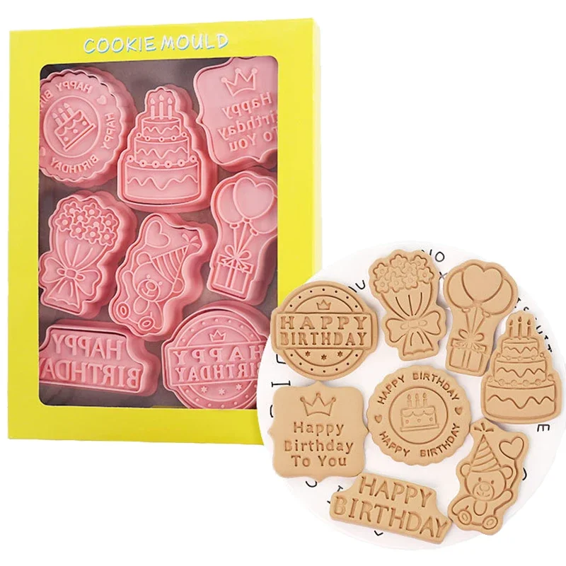 

8pcs/set Happy Birthday Theme Cookie Cutters 3D Bear Flower Balloon Biscuit Mold Cookie Stamps Baking Pastry for Birthday Party