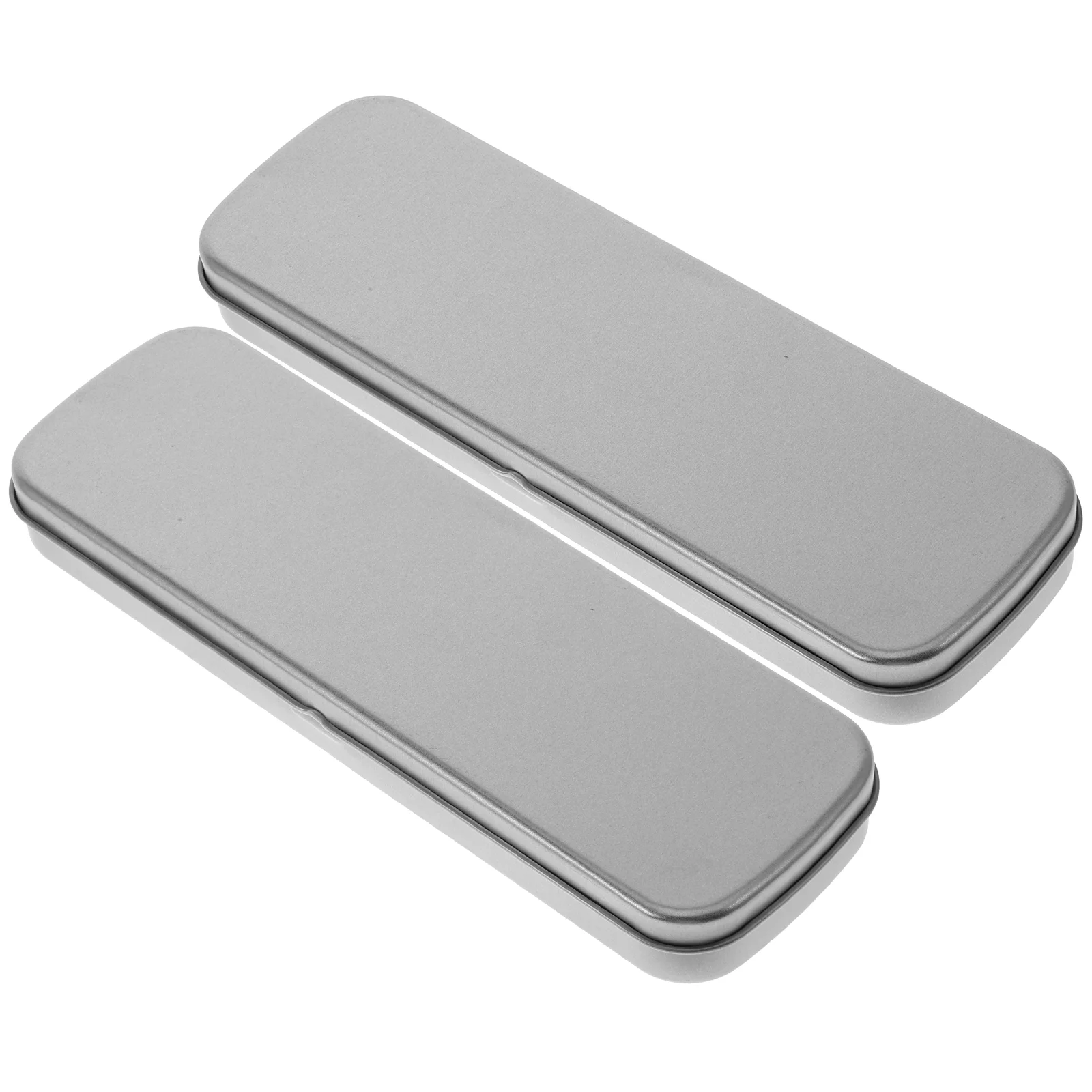 2 Pcs Silver Gray Tinplate Stationery Box Long Rectangle Matte Window Metal Pencil Case Bulk Empty Holder Pouch School Supplies