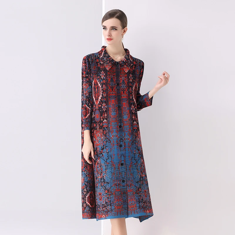 Sukienka plisowana Miyake damska, wiosenno-jesienna, luksusowa, luźna sukienka koszulowa, modna, elegancka, uniwersalna, francuski nadruk, strój dla mamy.