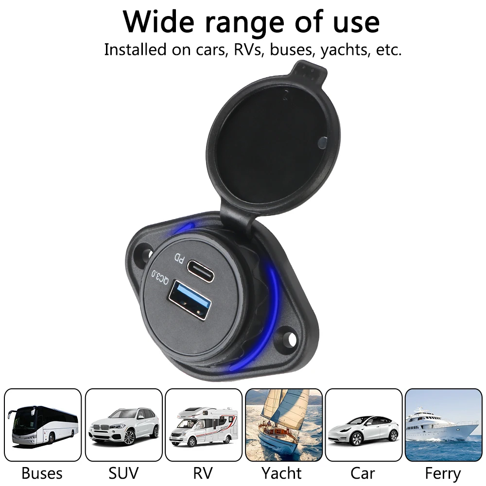 Fast Charge USB Charger Car Charger 12-24V QC3.0+ PD Car USB Port Charger USB Charger with Sliding Cap Light Car Charger