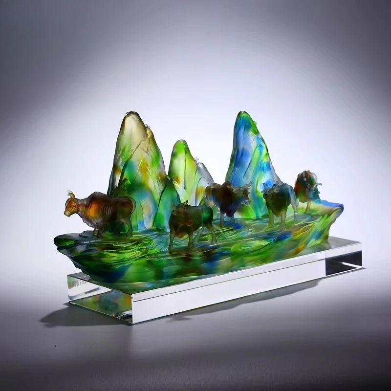 Antique style glass handmade five ox wealth attracting ornament gift box set, suitable for home living room foyer decoration
