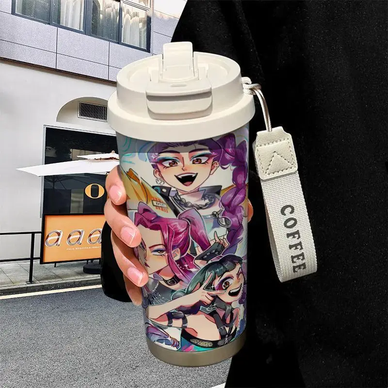 แก้วน้ำสแตนเลสเก็บความร้อนลายการ์ตูน KPop Demon Hunters Zoey Rumi สำหรับใช้ที่บ้านและที่ทำงาน ความจุขนาดใหญ่ เหมาะสำหรับดื่มกาแฟยามบ่าย