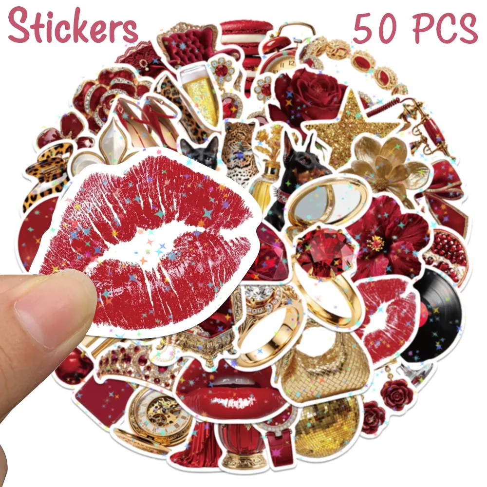 50pcs Red Gold Luxury Y2K Stickers Aesthetic Leopard Rose Shining Film Coating Decals for Journal, Laptop, Phone Case & DIY Gift