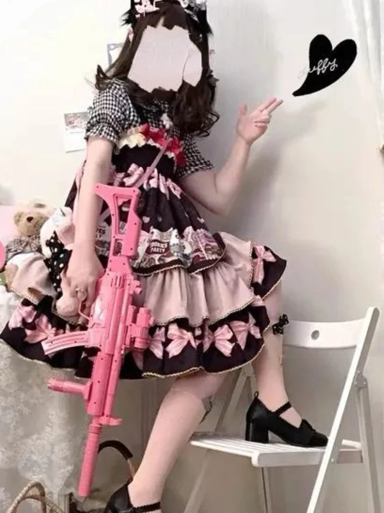 KOSAHIKI Robe Sweet Lolita Dress Women Bow Cute Kawaii Print Mini Jsk Cake Dresses Female Japanese Princess Strap Summer Vestido