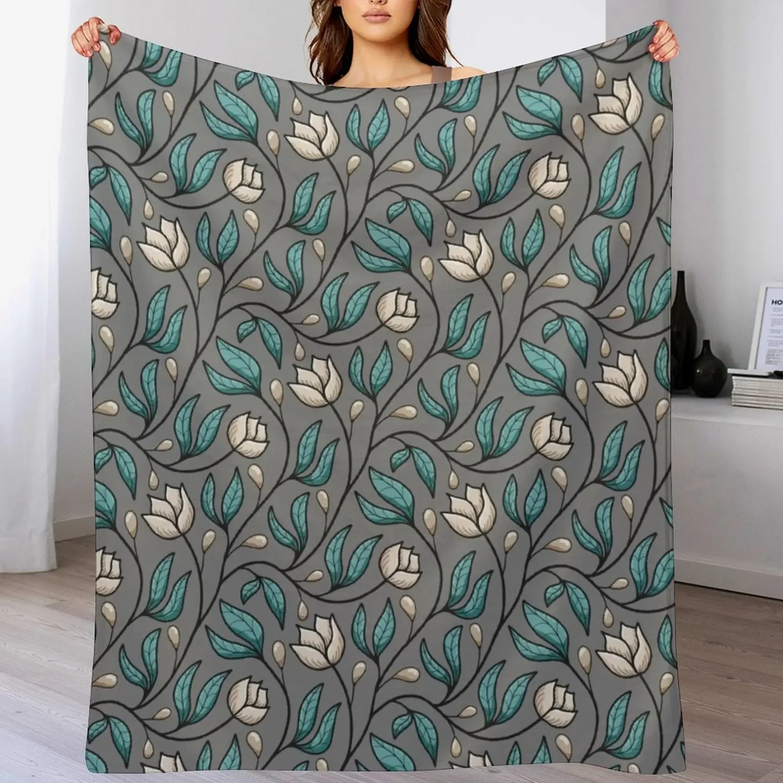 Manta decorativa con diseño de rosas, flores, hojas y bayas en color crema, verde azulado y gris, mantas decorativas para sofá.