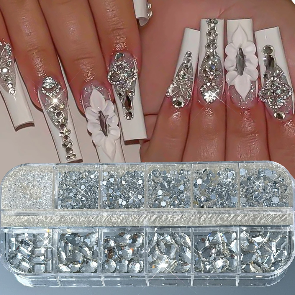 2000 sztuk+ Kryształki do zdobienia paznokci w różnych kształtach, czerwone, szklane diamenty K9, czerwone okrągłe koraliki, ozdoby do paznokci, 12 przegródek, płaskie elementy do paznokci