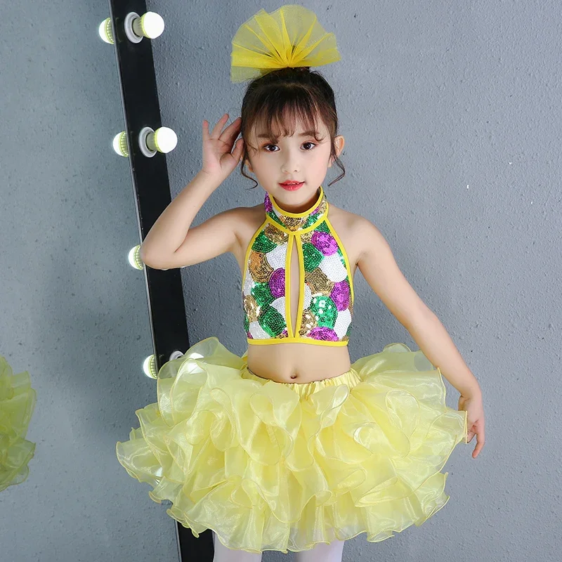 طقم تنورة قصيرة من الترتر اللامع بدون أكمام وشراشيب للفتيات ، باليه جاز حديث ، زي رقص لاتيني ، زي للأطفال ، 3 *