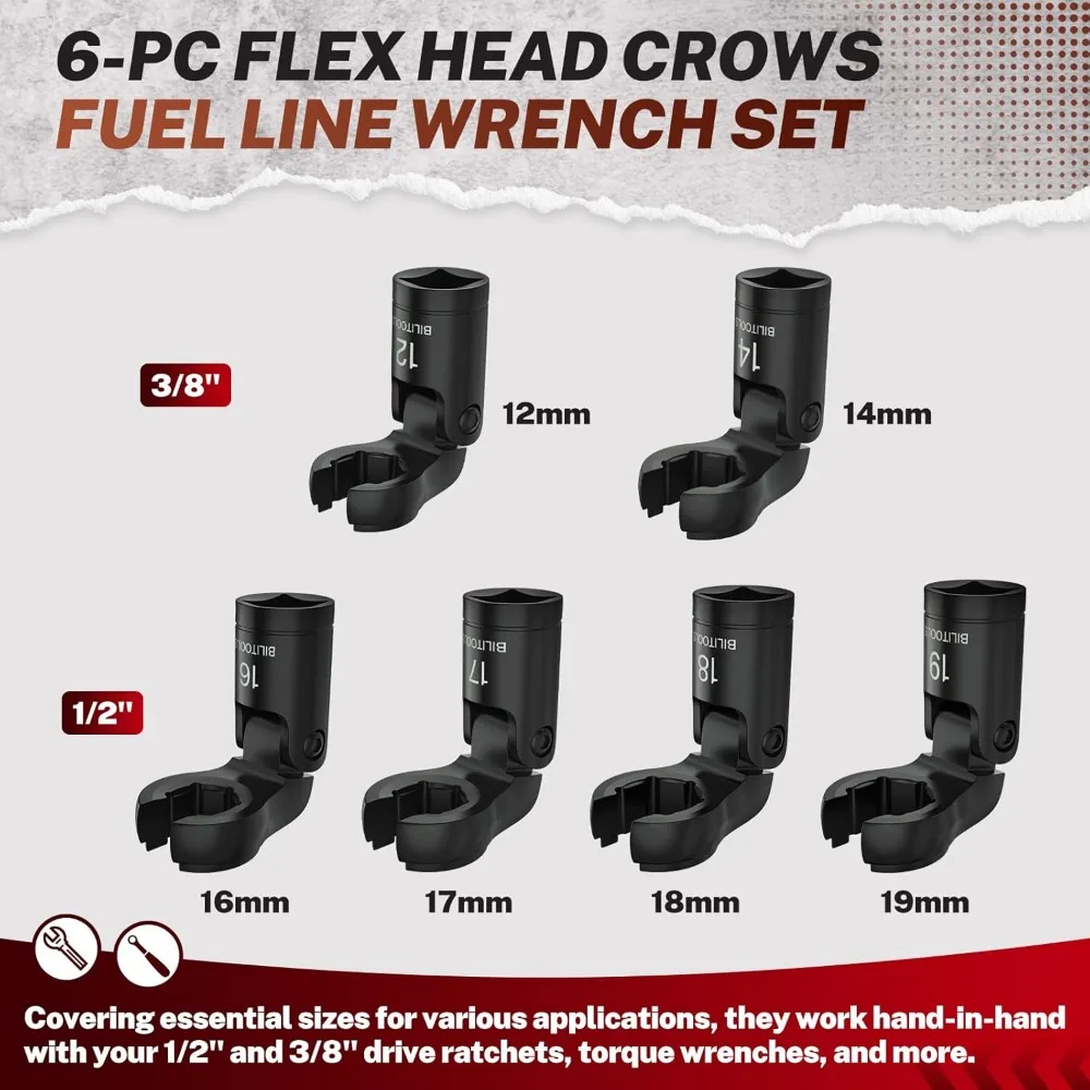 Juego de llaves de pie con cabeza flexible, 6 uds., enchufes métricos de accionamiento de 3/8 "y 1/2" para líneas de combustible y hidráulico con caja de almacenamiento