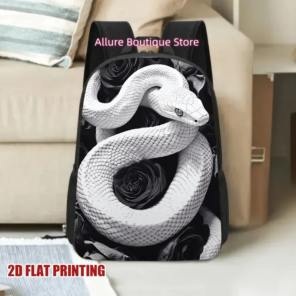 1pc a White Snake Design on a Black Rose Backpack, Stylish And Practical, Ideal for Running Errands, Traveling, And Work., for T